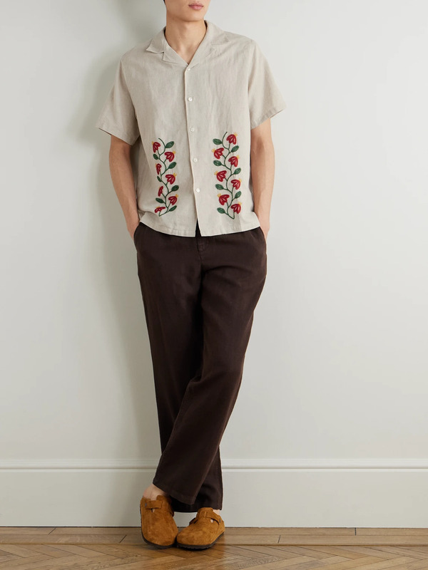  Portuguese Flannel - Branch Convertible-collar Embroidered Linen And Cotton-blend Shirt - Men - Neutrals - Xs 