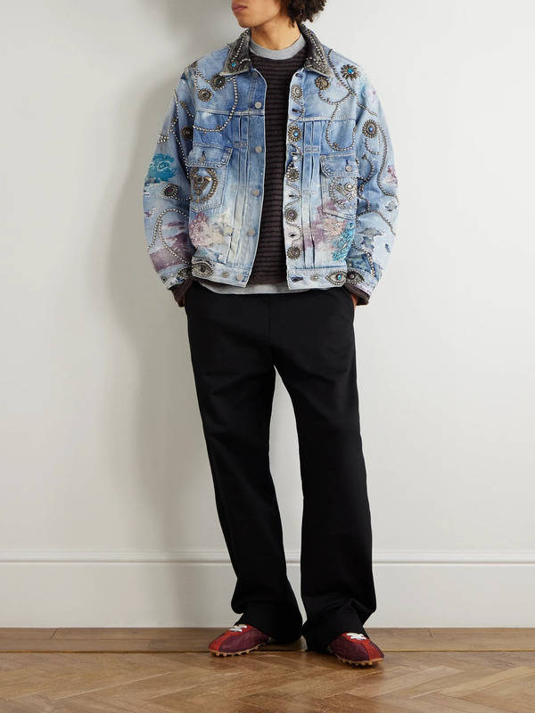  Proleta Re Art - Distressed Embellished Patchwork Leather-trimmed Denim Trucker Jacket - Men - Blue - L 