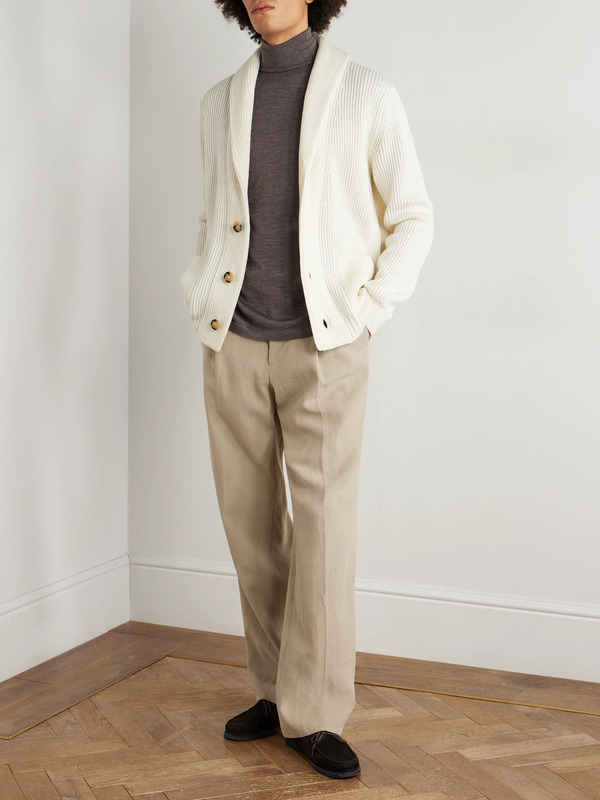  Thom Sweeney - Shawl-collar Ribbed Wool Cardigan - Men - White - S 