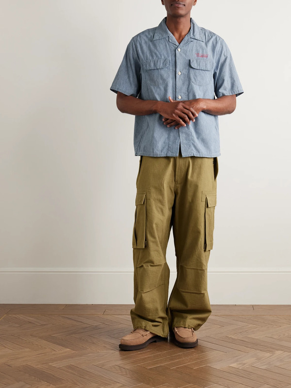  Visvim - Keesey Convertible-collar Logo-embroidered Cotton And Silk-blend Chambray Shirt - Men - Blue - 5 