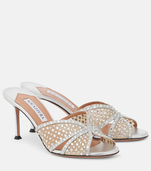  Aquazzura Aquazzura Crystal Lover 75 Leather-trimmed Mules 