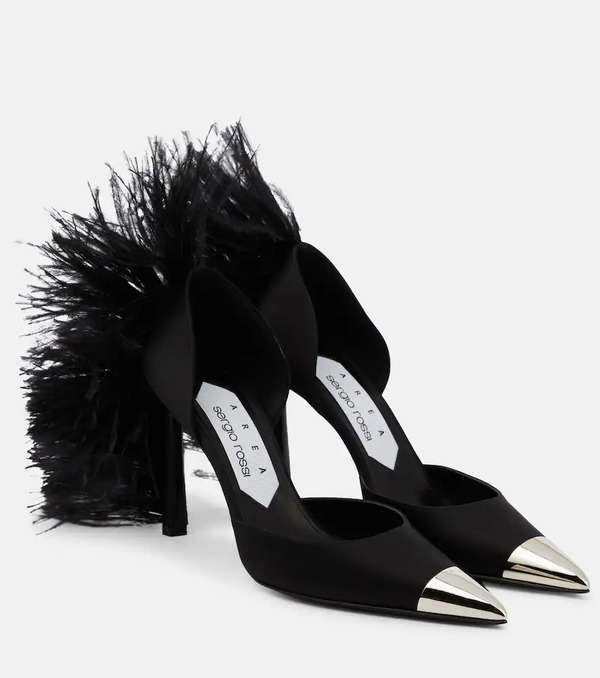  Area Area X Sergio Rossi Amazona Feather-trimmed Denim Pumps 