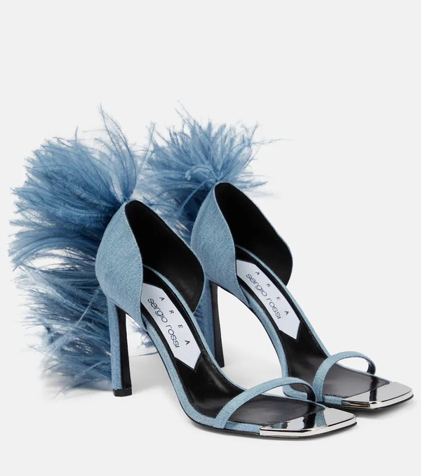  Area Area X Sergio Rossi Amazona Feather-trimmed Denim Sandals 