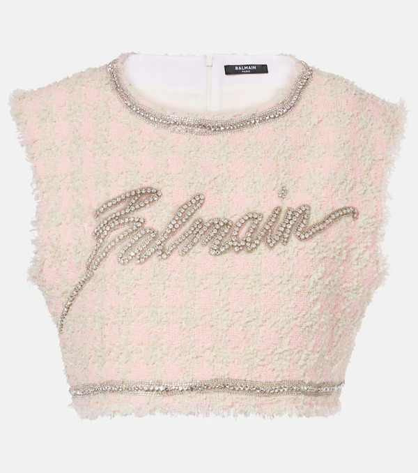  Balmain Balmain Logo Embellished Bouclã© Crop Top 