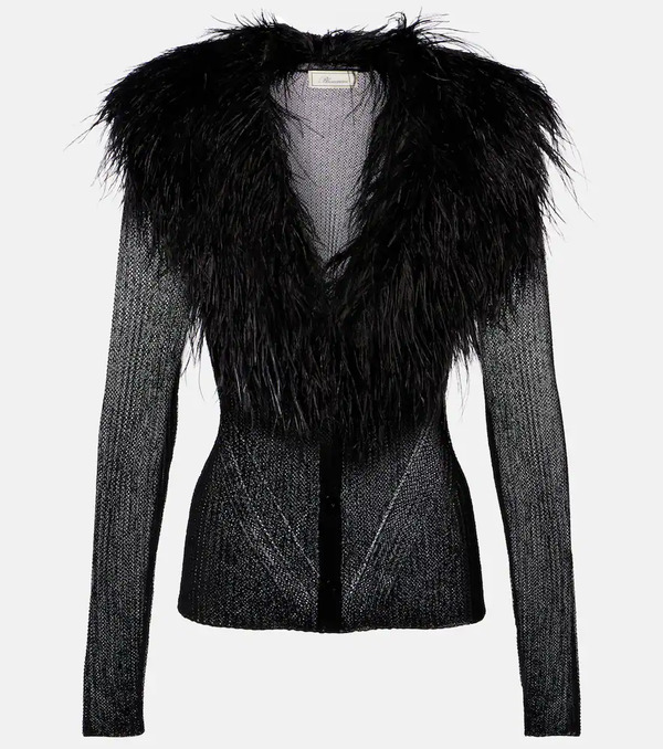  Blumarine Blumarine Feather-trimmed Ribbed-knit Cardigan 