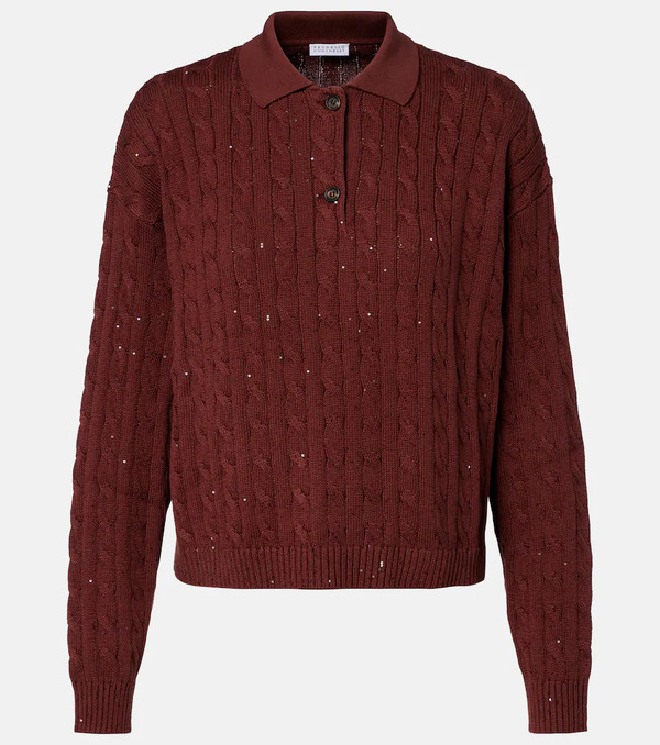 Brunello Cucinelli Brunello Cucinelli Cable-knit Cotton-blend Polo Sweater 