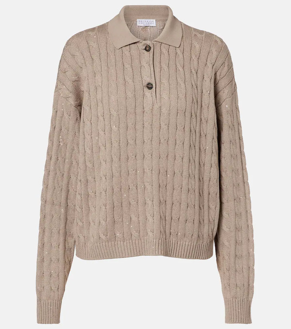  Brunello Cucinelli Brunello Cucinelli Cable-knit Cotton-blend Polo Sweater 