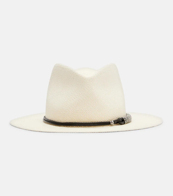  Brunello Cucinelli Brunello Cucinelli Leather-trimmed Straw Fedora Hat 