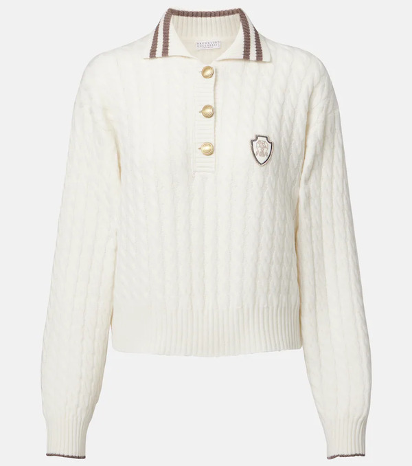  Brunello Cucinelli Brunello Cucinelli Logo Cable-knit Cashmere Polo Sweater 