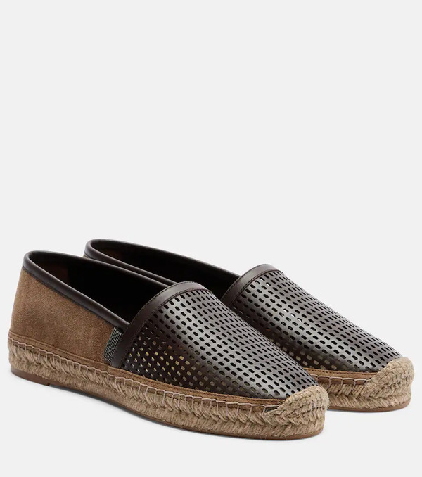  Brunello Cucinelli Brunello Cucinelli Monili Leather And Suede Espadrilles 