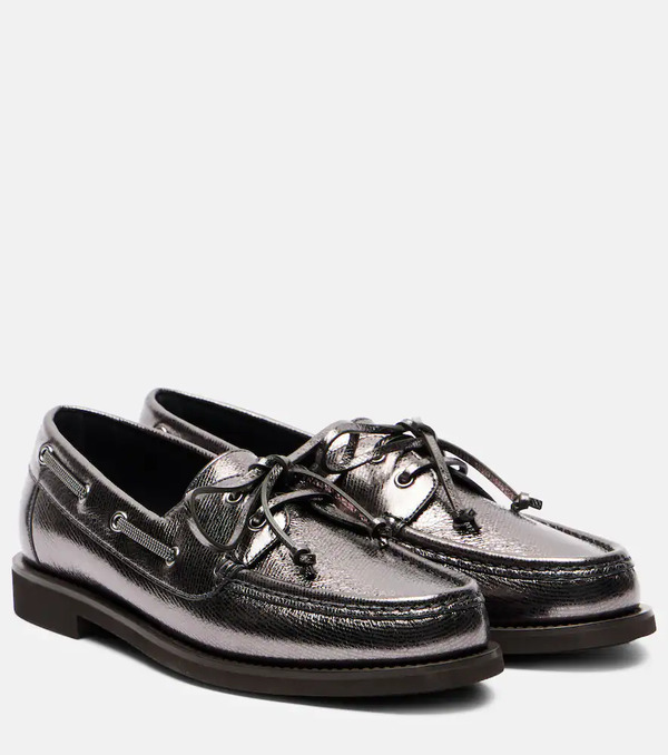  Brunello Cucinelli Brunello Cucinelli Monili Metallic Leather Boat Shoes 