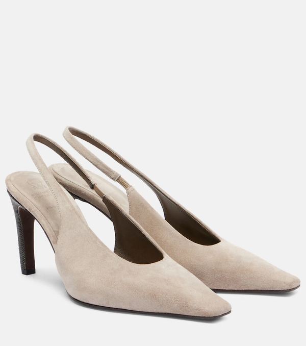  Brunello Cucinelli Brunello Cucinelli 80 Monili Suede Slingback Pumps 