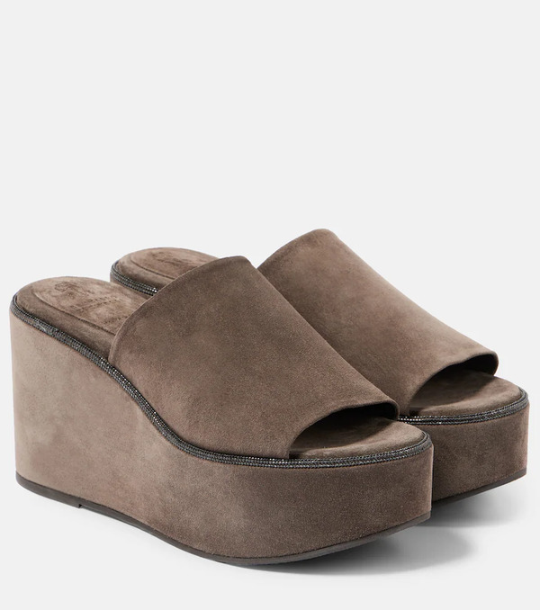  Brunello Cucinelli Brunello Cucinelli Monili Suede Wedge Mules 