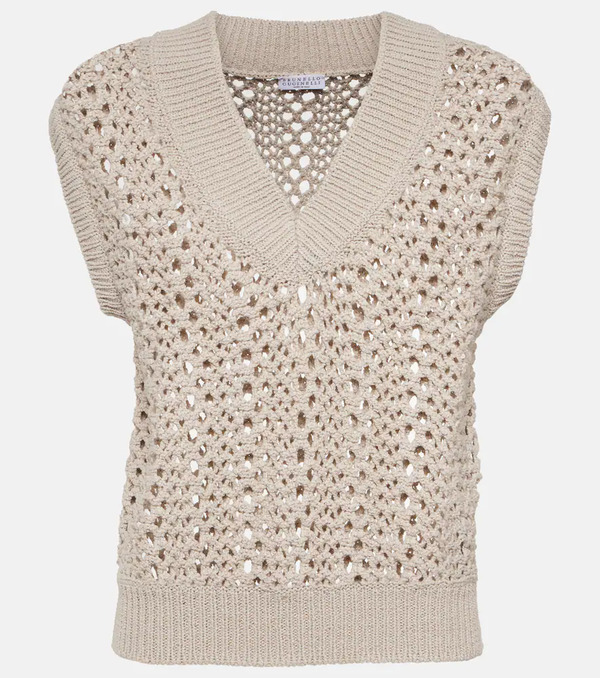  Brunello Cucinelli Brunello Cucinelli Open-knit Cotton-blend Sweater Vest 