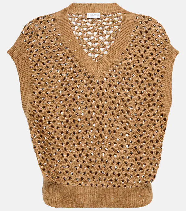  Brunello Cucinelli Brunello Cucinelli Open-knit Cotton, Linen And Silk Top 
