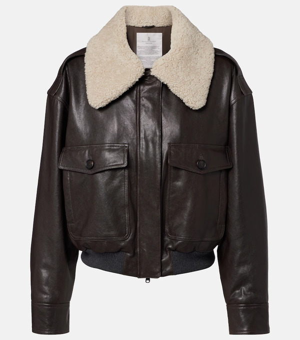  Brunello Cucinelli Brunello Cucinelli Shearling-trimmed Leather Bomber Jacket 