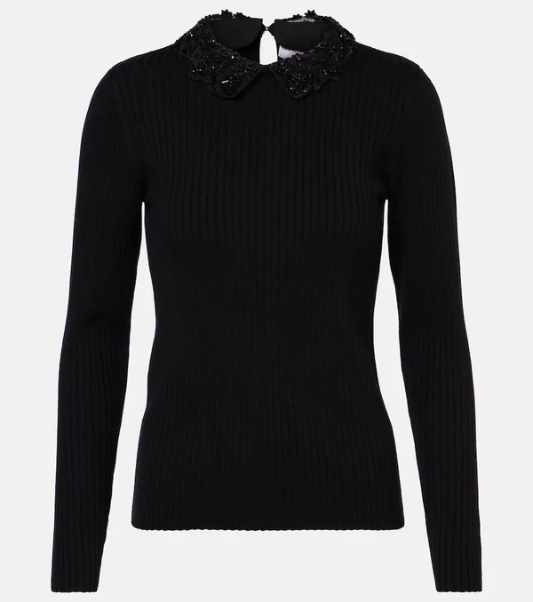  Carolina Herrera Carolina Herrera Embellished Ribbed-knit Wool Top 