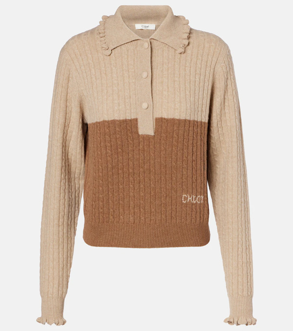  Chloe Chloã© Cable-knit Ruffled Wool And Cashmere Polo Sweater 