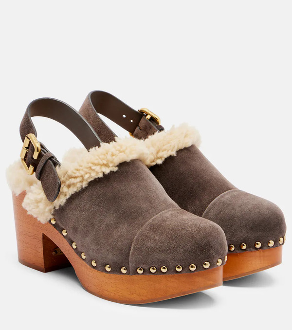  Chloe Chloã© Jeannette Shearling-trimmed Suede Wedge Clogs 