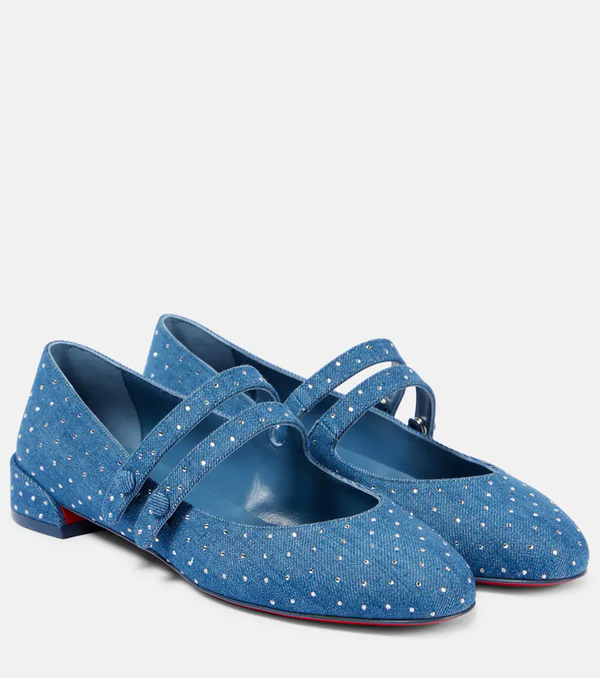  Christian Louboutin Christian Louboutin Sweet Jane Embellished Denim Mary Jane Flats 