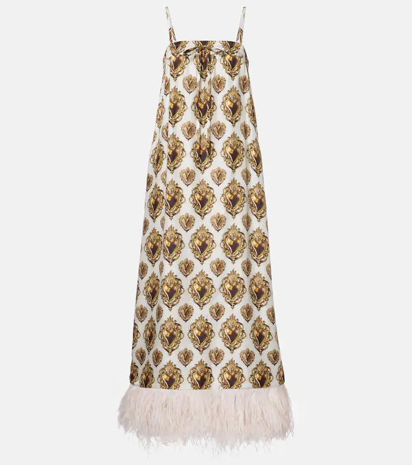  Dolce&gabbana Dolce&gabbana Feather-trimmed Printed Silk Maxi Dress 
