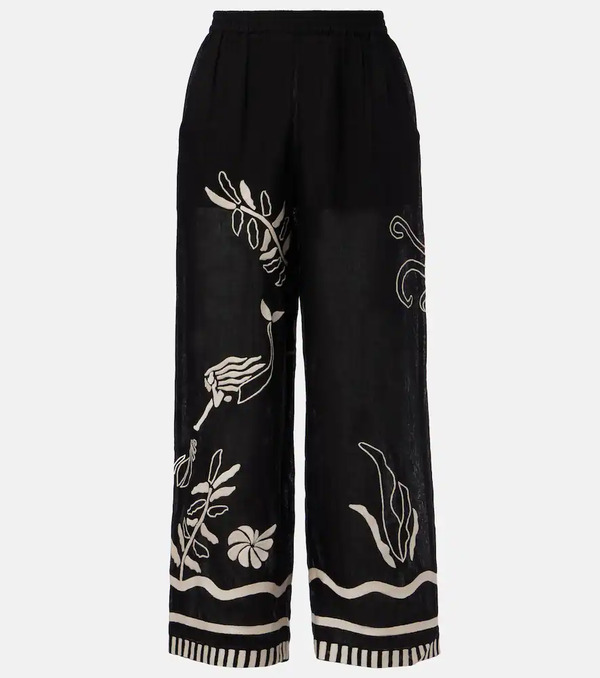  Eres Eres Octopus Embroidered Linen Wide-leg Pants 