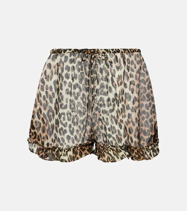  Ganni Ganni Leopard-print Ruffled Chiffon Shorts 
