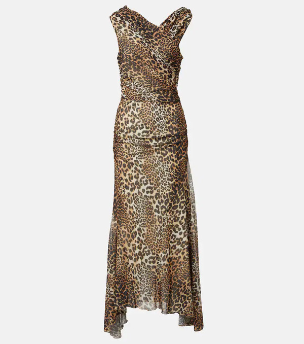  Ganni Ganni Ruched Leopard-print Mesh Maxi Dress 