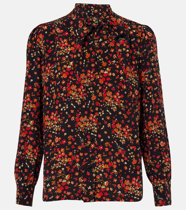  Gucci Gucci Bow-detail Floral Silk Blouse 