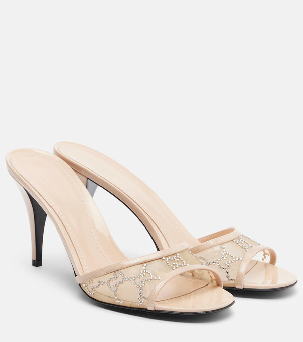  Gucci Gucci Erin Gg Embellished Leather-trimmed Mules 