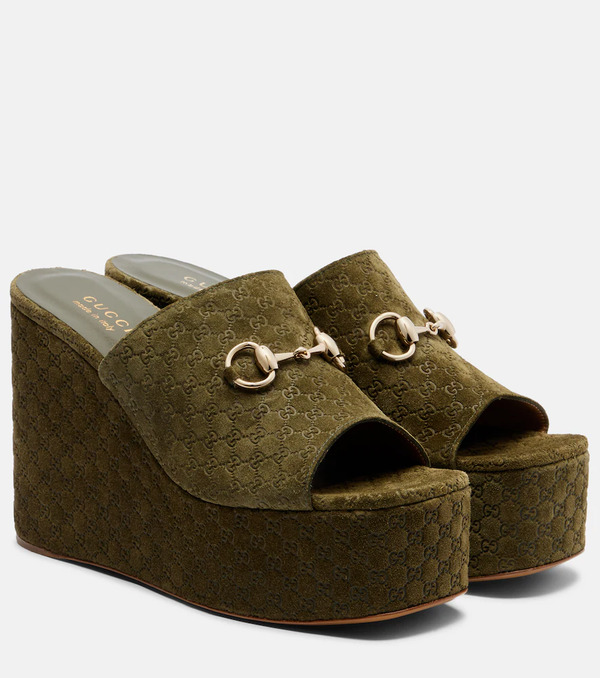  Gucci Gucci Horsebit Gg Suede Wedge Mules 