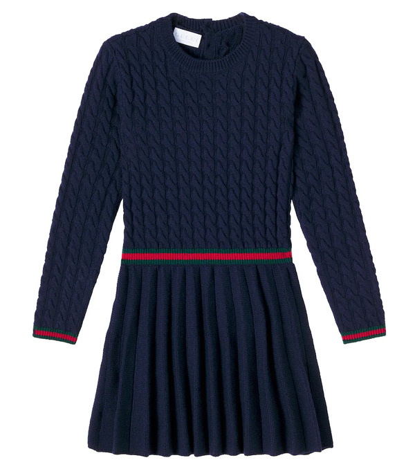  Gucci Kids Gucci Kids Webstripe Cable-knit Pleated Wool Dress 