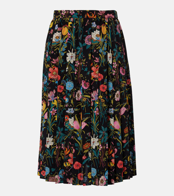  Gucci Gucci Pleated Floral Silk Midi Skirt 