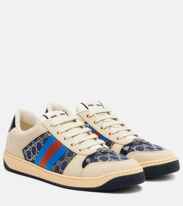  Gucci Gucci Screener Gg Leather-trimmed Denim Sneakers 