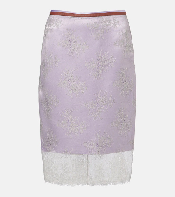  Jacques Wei Jacques Wei Embroidered Leather-trimmed Lace Midi Skirt 
