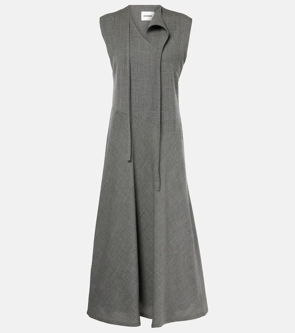  Jil Sander Jil Sander Tie-neck Virgin Wool Canvas Midi Dress 