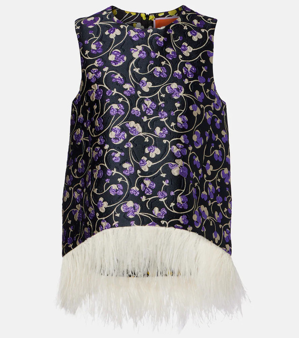  La Doublej La Doublej La Scala Feather-trimmed Jacquard Top 