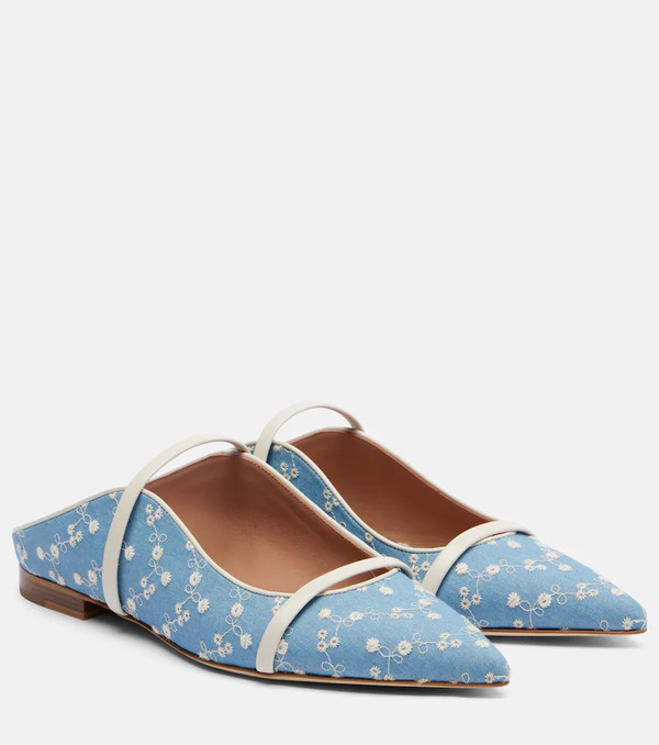  Malone Souliers Malone Souliers Maureen Leather-trimmed Denim Mules 