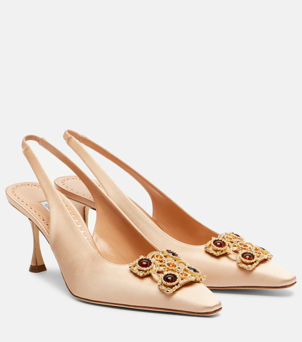  Manolo Blahnik Manolo Blahnik Cupida 70 Embellished Satin Slingback Pumps 