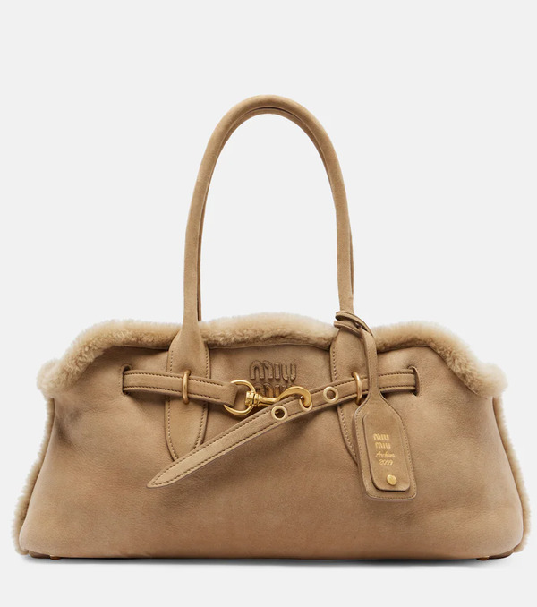  Miu Miu Miu Miu Adventure Shearling-lined Suede Tote Bag 