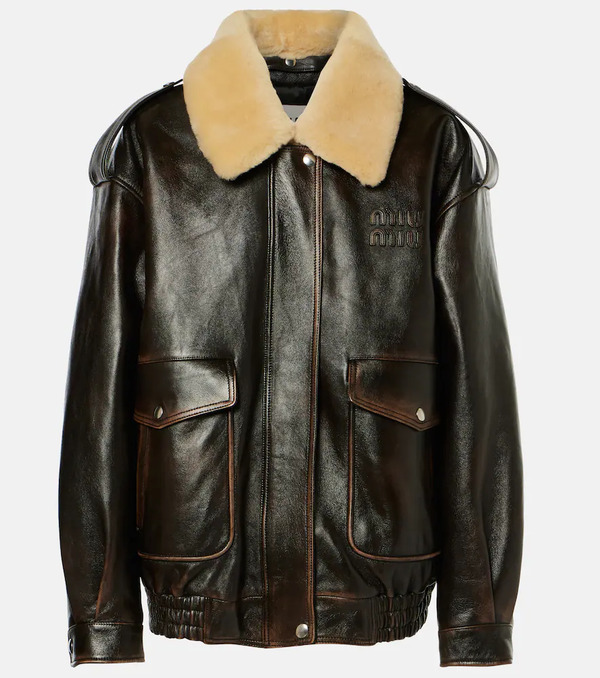  Miu Miu Miu Miu Logo Faux Shearling-trimmed Leather Jacket 