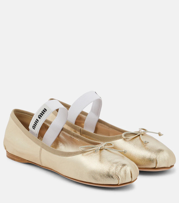  Miu Miu Miu Miu Logo Leather Ballet Flats 