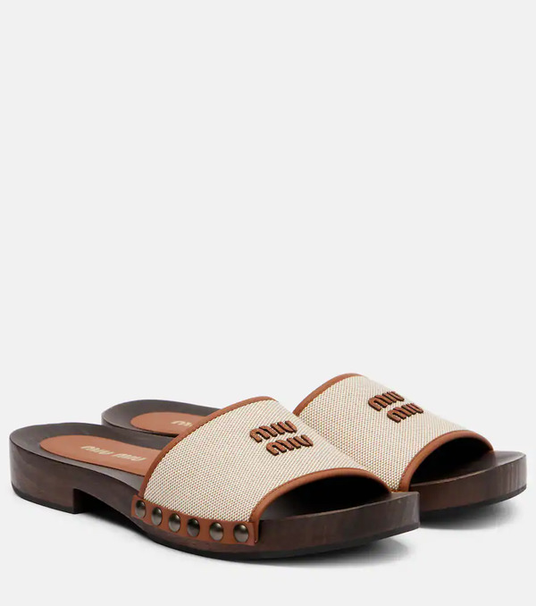  Miu Miu Miu Miu Logo Leather-trimmed Canvas Clogs 
