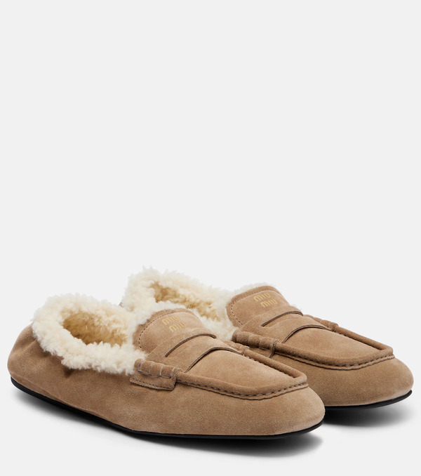  Miu Miu Miu Miu Shearling-lined Suede Penny Loafers 
