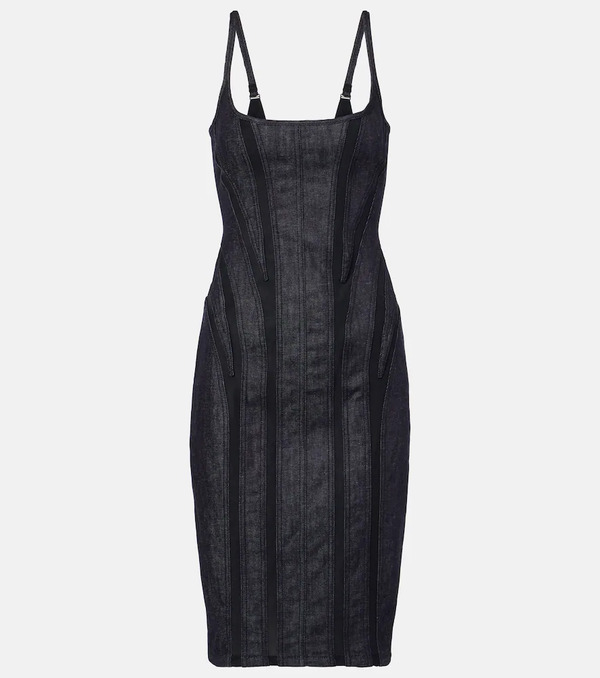  Mugler Mugler Mesh-trimmed Denim Midi Dress 