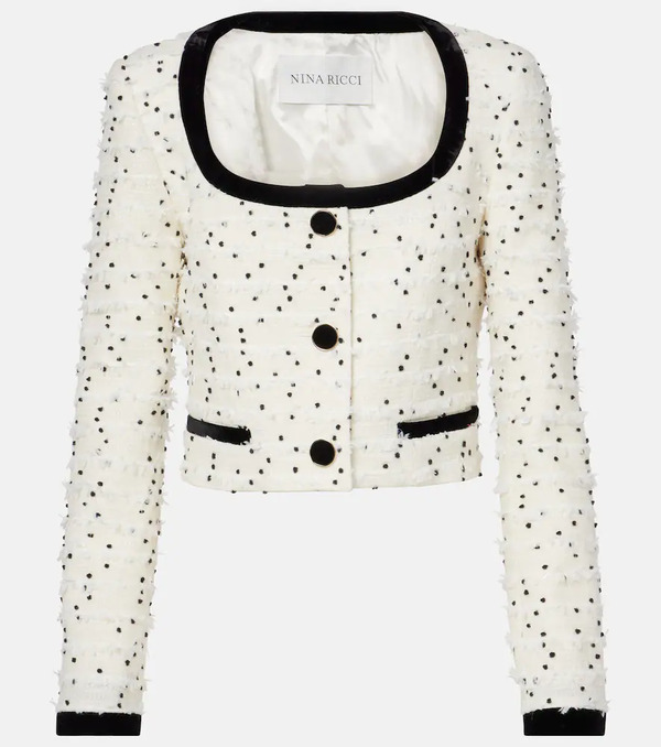  Nina Ricci Nina Ricci Polka-dot Fringed Wool-blend Tweed Jacket 