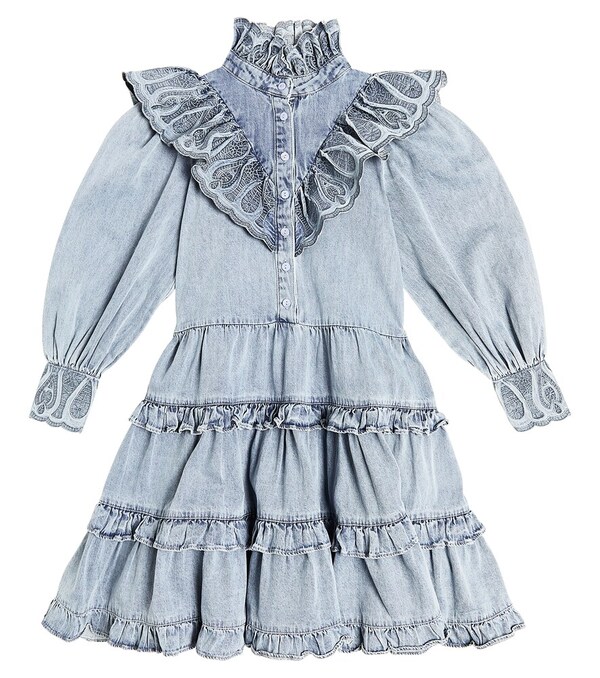  Petite Amalie Petite Amalie Ruffled Embroidered Chambray Dress 