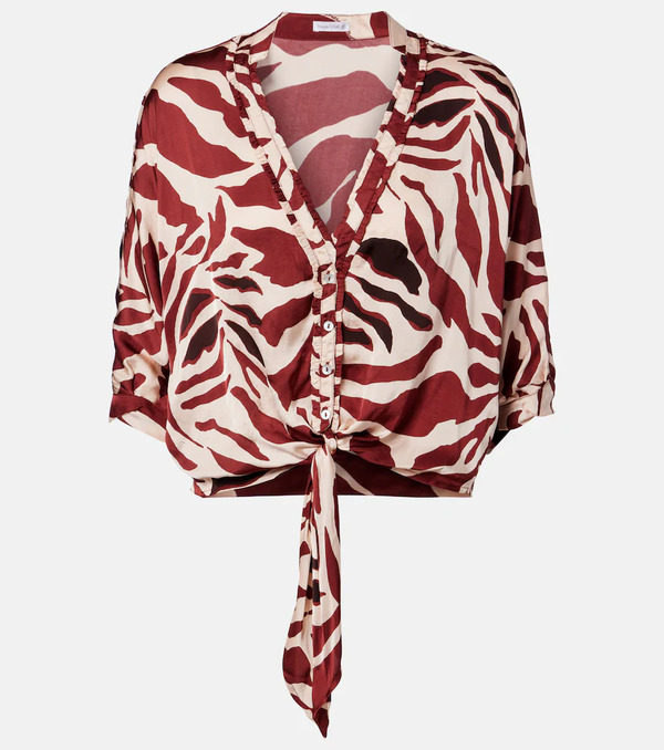  Poupette St Barth Poupette St Barth Azia Printed Tie-detail Satin Blouse 
