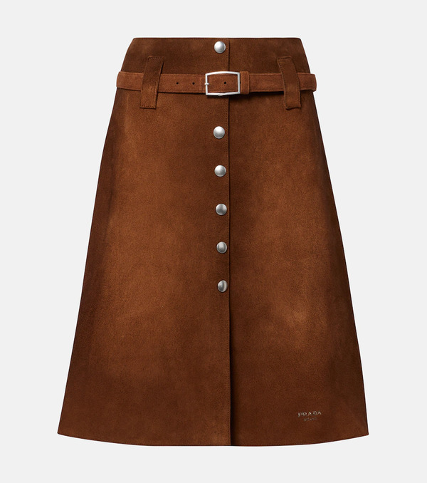  Prada Prada Belted Suede Midi Skirt 