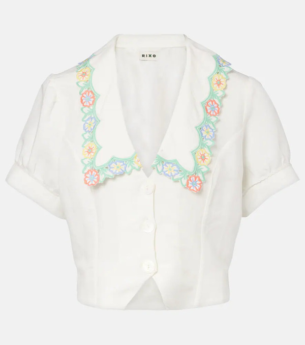  Rixo Rixo Iveta Embroidered Cropped Linen-blend Top 